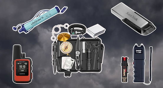 A collection of doomsday preppers items in front of a cloudy grey background.