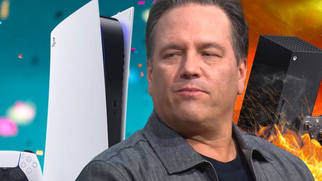 Phil Spencer next to a burning Xbox Series X looking at a PlayStation 5 