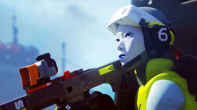 A Marathon character holds a sniper, wearing a chartreuse vest