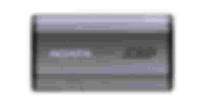 Adata SE880 product image of a grey SSD with two black ends and lighter grey branding on top.