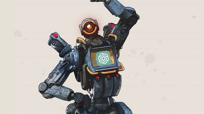 Pathfinder from Apex Legends with a ChatGPT logo on his chest
