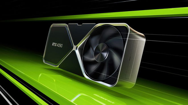 A black and grey graphics card on a black background with green stripes going across the front.