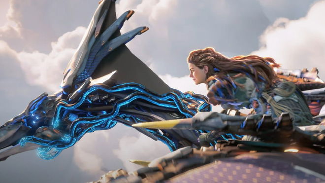 Aloy riding on a flying machine in Horizon Forbidden West
