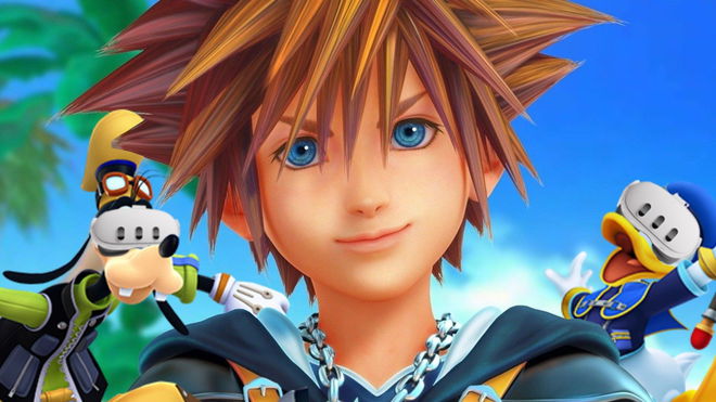 Sora, Donald and Goofy from Kingdom Hearts 3 on Destiny Island, the two disney characters are wearing a VR headset