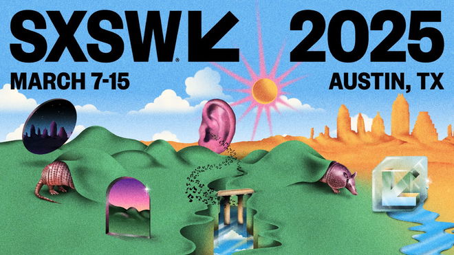 SXSW 2025 poster featuring images of green fields, desert, the sun, an ear, and more.