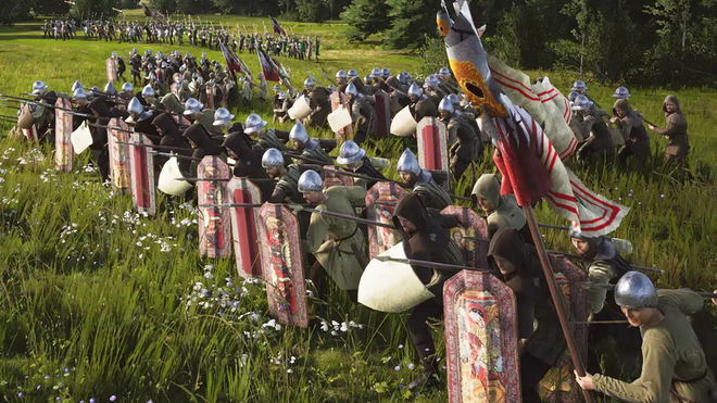 manor lords army standing equipped with military equipment shields, spears, abnners, on grassy field