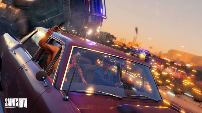 Two people involved in a dramatic car chase, as a following car tips over - Saints Row crossplay