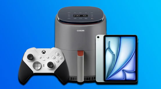 A light gray COROSI air fryer with a light blue and black iPad Air next to it and a white and black Xbox controller on the other side. All of this is infront of a blue gradient background.