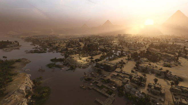 An Egyptian settlement from Total War: Pharaoh, with docks leading into the river.