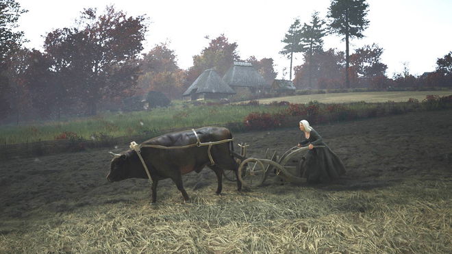 Villager working on a farm in Manor Lords