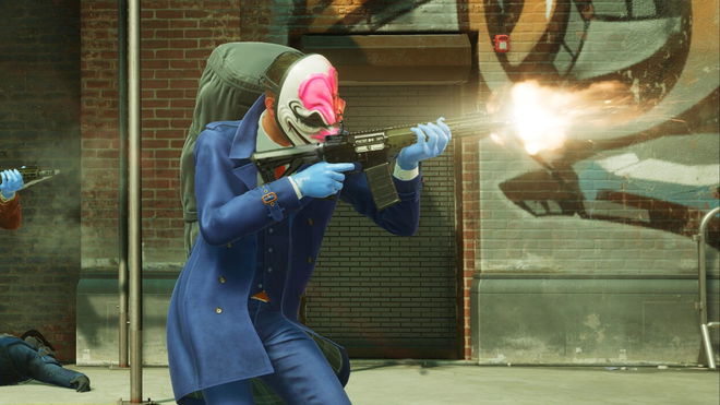 Payday 3 character Hoxton firing a rifle