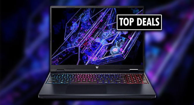 A black gaming laptop with blue, red, purple, and pink lighting behind the keys and a 3D purple Predator logo on the display. In the top left, a black and white "TOP DEALS" label.