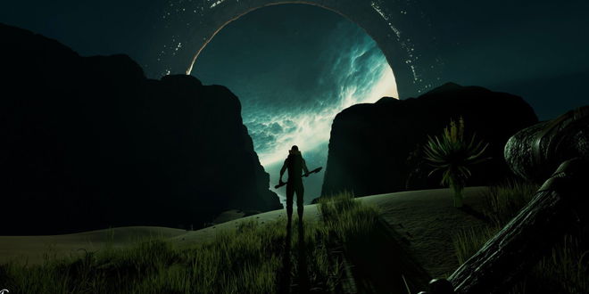 Nightingale player standing in between two rocks in background