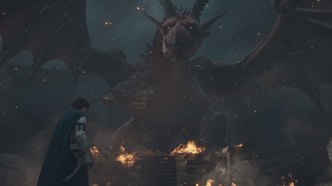 Main Arisen character looking at the Dragon in Dragon's Dogma 2