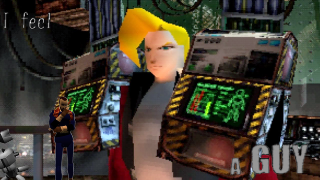 Overblood 2 obsession - Acarno wearing two futuristic shoulder pads and "I feel a guy" is written on the image