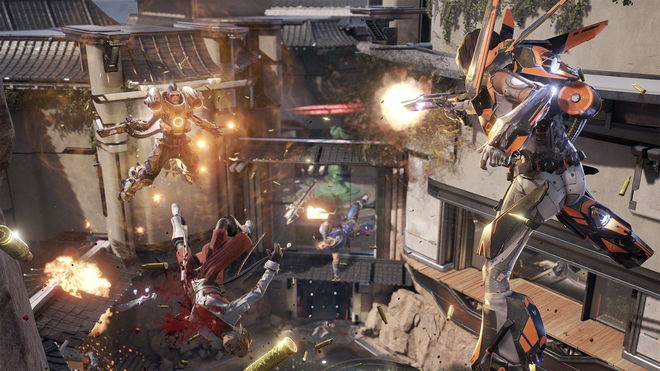 Characters fighting in mid-air in Lawbreakers FPS game