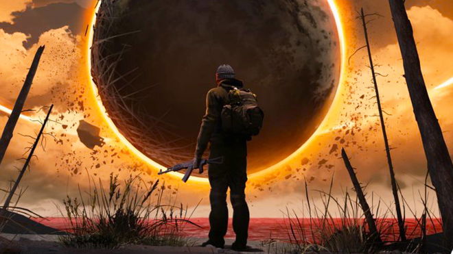 An Into the Radius 2 character carrying a backpack while carrying an SMG in one hand while standing before an anomaly.