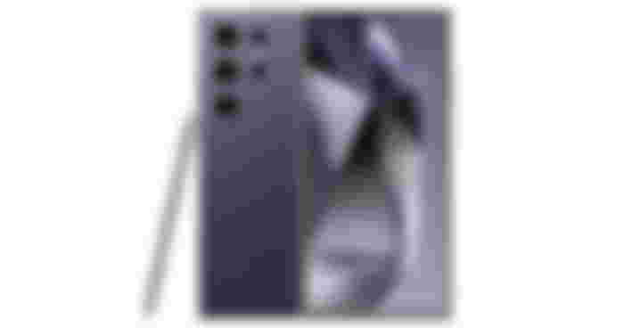 A dark purple Samsung is shown from the front and back with a stylus leaning against it.