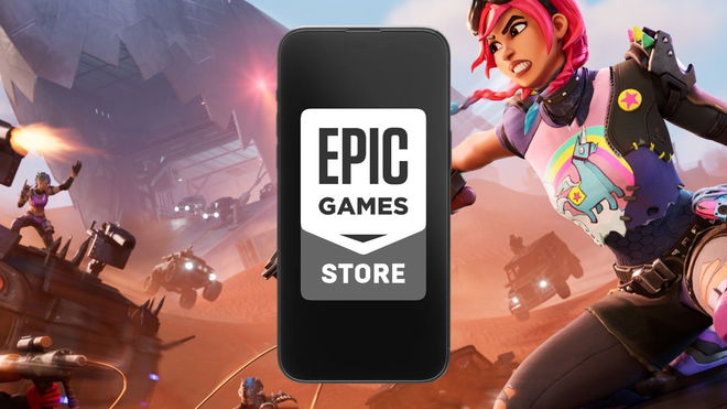 Brite Bomber in Fortnite Wrecked key art shooting a gun next to an iPhone with the Epic Games Store logo on it.
