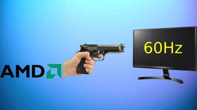 amd logo pointing gun at 60Hz monitor on blue background
