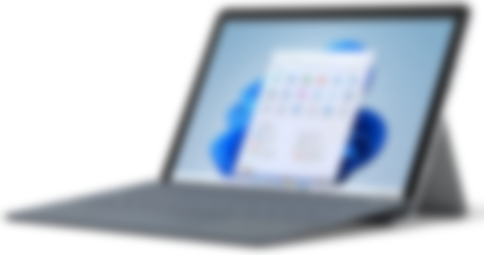 Microsoft Surface Go 2 product image of a black and dark grey tablet-style laptop.