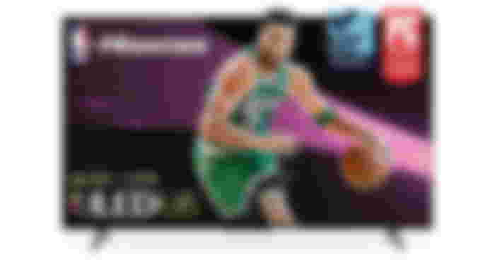Hisense Class U6 product image of a black near-frameless TV with an image of Tatum in his green and white Celtics jersey on the display.