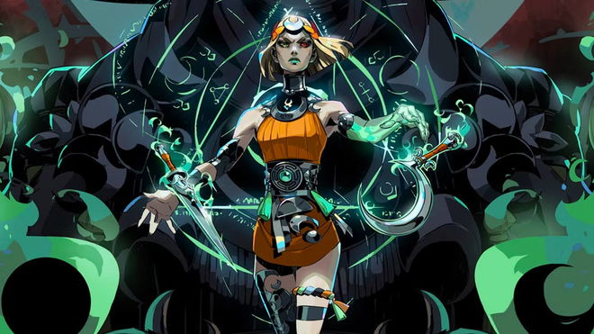 Melinoe surrounded by green smoke and magical glyphs with a dagger and sickle floating at each of her sides.