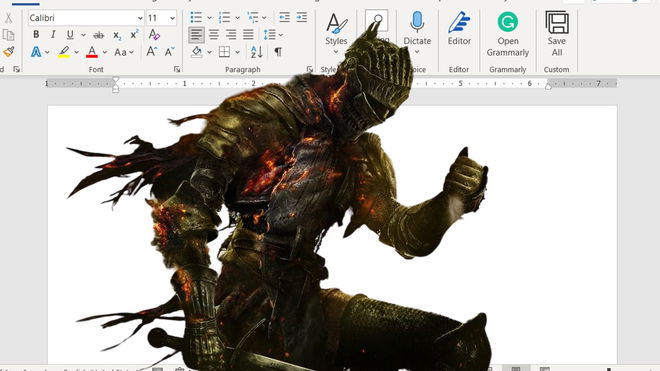Main character from Dark Souls 3 key art in front of a Microsoft Word blank page background