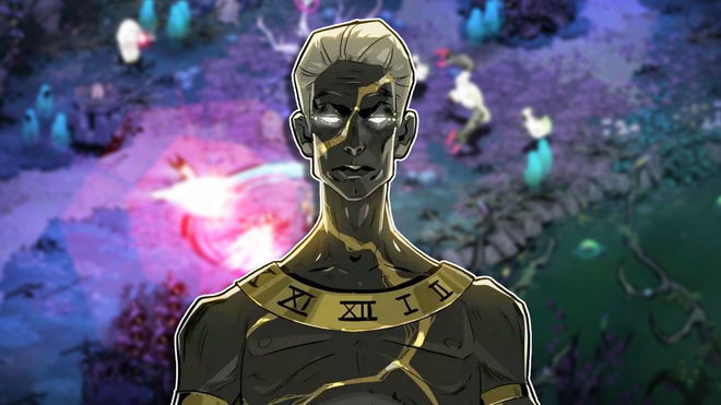 Chronos, one of the bosses in Hades 2, looking directly towards the camera with glowing, white eyes. They are placed above a blurred background of gameplay.