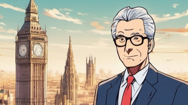 An AI-generated image of a man in a business suit standing in front of a London skyline