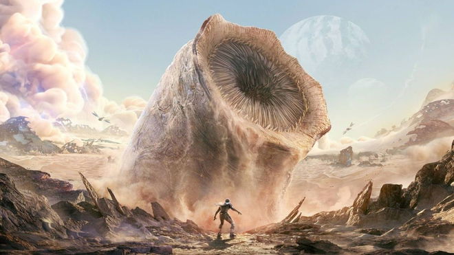 Large Sandworm rising from the deserts of Arrakis in Dune Awakening press image