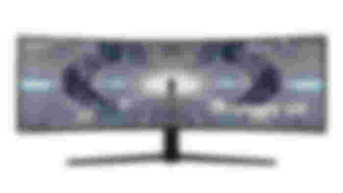 Samsung Odyssey G9 product image of a black ultrawide monitor with a Sci-Fi spaceship tunnel on the display.