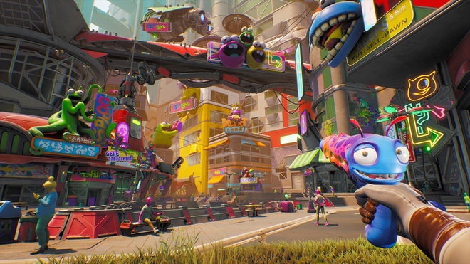 high on life xbox game pass future holding a gun in blim city with lots of aliens