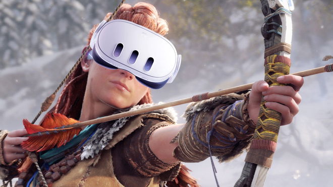 Aloy from Horizon Forbidden West aiming her bow while wearing a Quest 3 headset