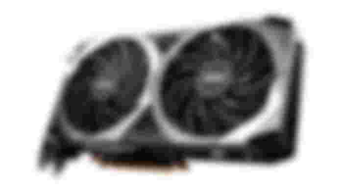 Radeon RX 7600 product image of a black and grey graphics card featuring two fans.