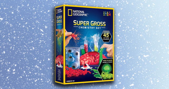 A dark blue National Geographic-branded box with graphics of red and green slime on the front in front of a snowy blue background.