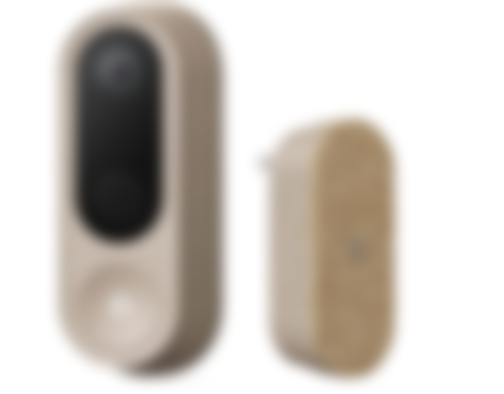 Nooie IPC300 product image of a brown doorbell shot from two angles with a black camera built-in.