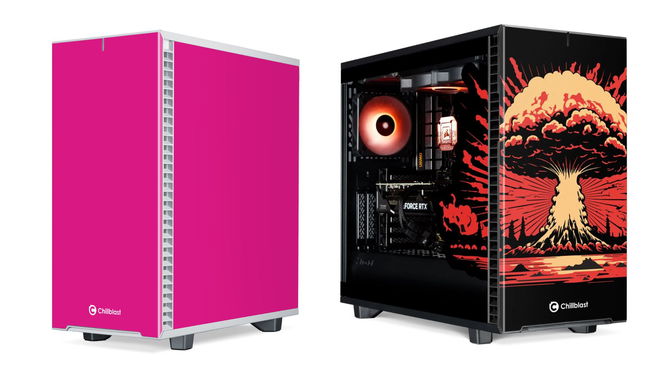 A Barbie pink PC to the left and an Oppenheimer-themed gaming PC to the right featuring a mushroom cloud on the front