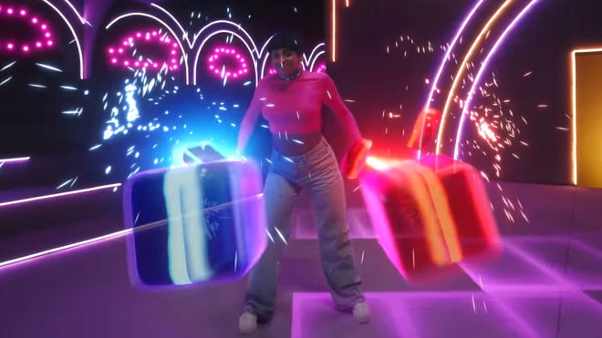 A beat saber player standing in a purple room slicing blocks 