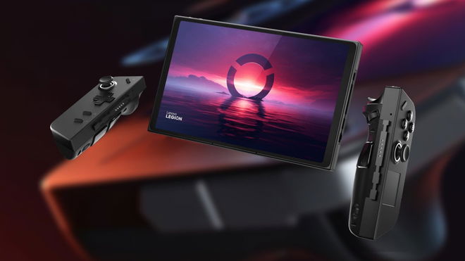 Lenovo Legion Go in front of a blurred press image