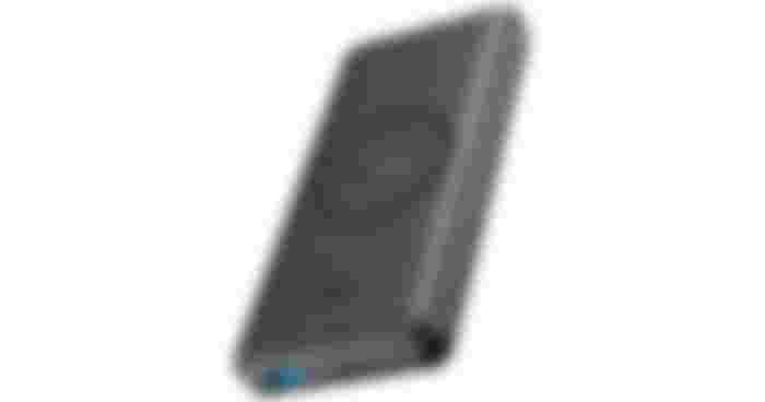 Anker PowerCore III product image of a dark gray and black power bank featuring blue lights around USB slots, and two USB cables.