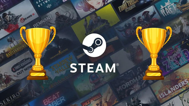 The Steam logo with two graphics of gold trophies on either side of it