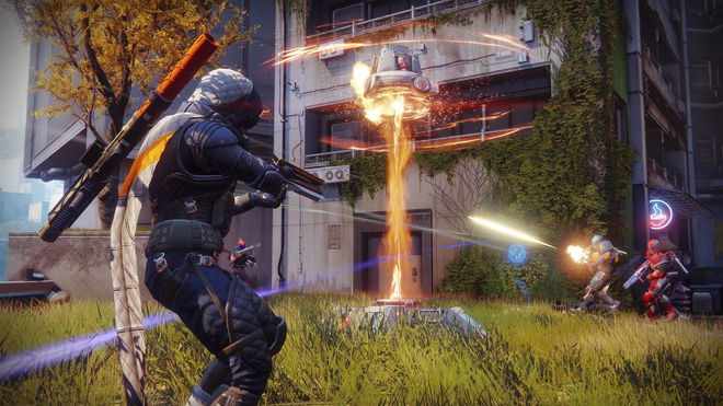 A screenshot of Destiny 2 gameplay showing a Hunter firing at two enemy players in the Crucible.