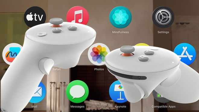 Surreal Touch controllers for Apple Vision Pro in front of a background of the VisionOS menu