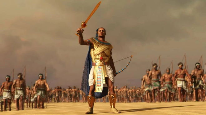 Total War: Pharaoh multiplayer - pharaoh with warriors behind him