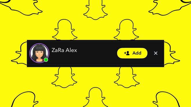 Purple circle around Bitmoji in Snapchat Quick Add section indicating an active story, with Snapchat ghost logo pattern background.