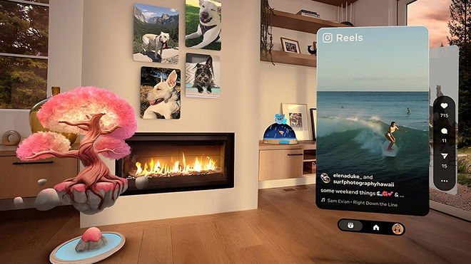 POV of someone using Meta Quest 3 passthrough and using Augments like Instagram Reels, Frames, and More in their room