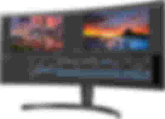 LG 34WN80C-B product image of a black wide monitor with a video editing application on the display.
