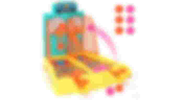 Beria Tabletop Basketball Game in yellow, orange, and blue featuring pink and orange balls next to it.