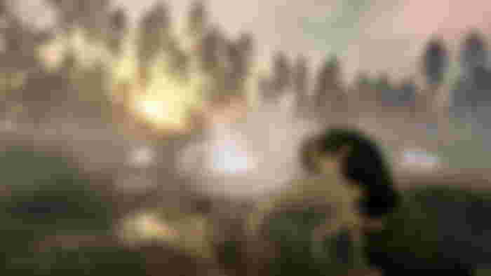 Using a flashlight on puffs of swirling smoke in the woods at sunset in Into the Radius 2.